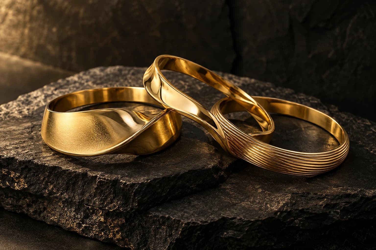 Sculptural gold jewellery on dark stone, an illustrative industry image